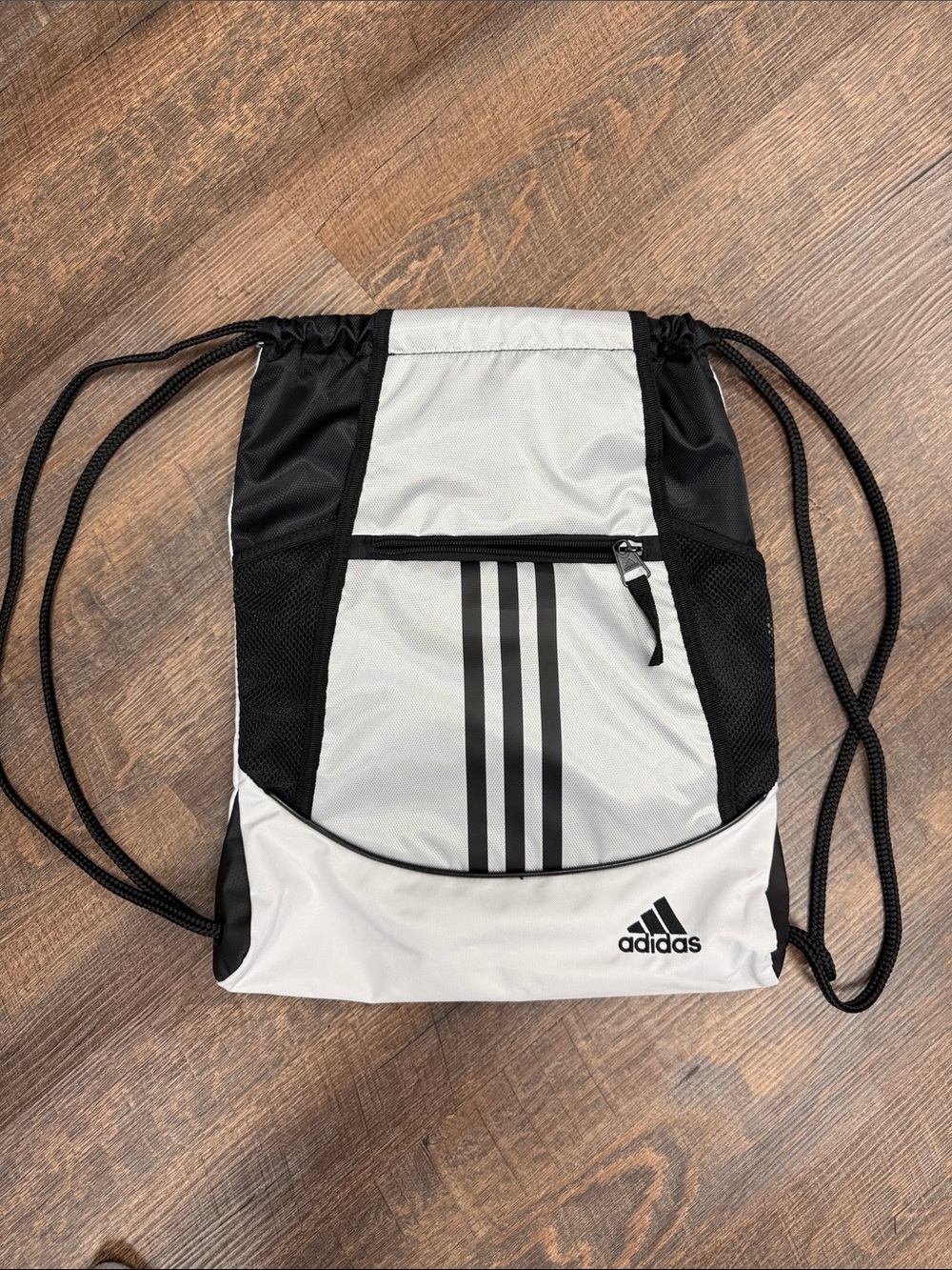 adidas Black & White Drawstring Backpack with Front Zip